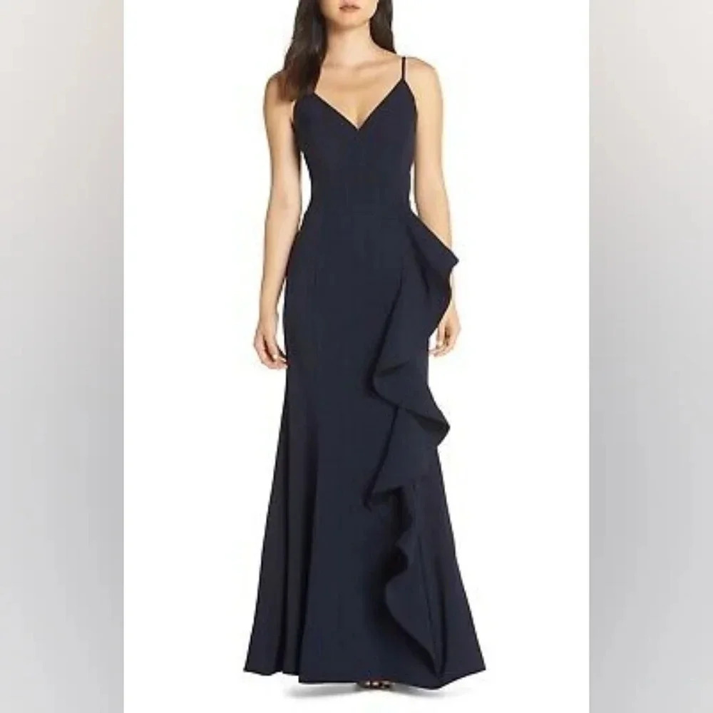 Eliza J Cascade Ruffle V-neck Gown in Navy Bue, size 4